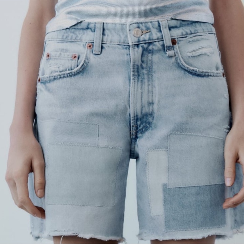 Zara mid rise denim patch shorts